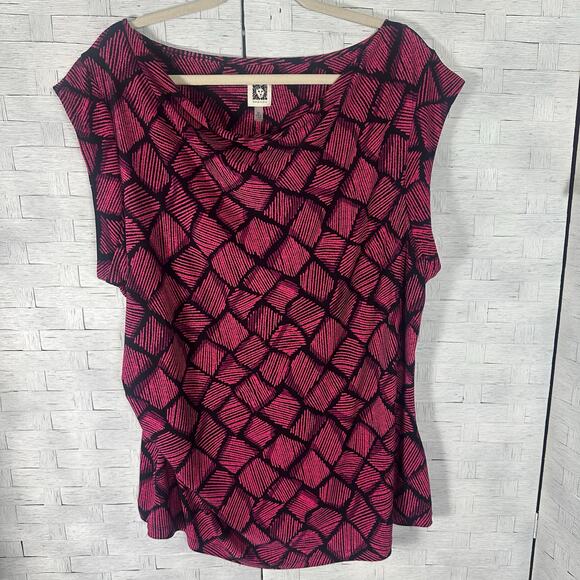 Anne Klein women’s blouse asymmetrical cap sleeve black pink bohemian plus size - Picture 1 of 8